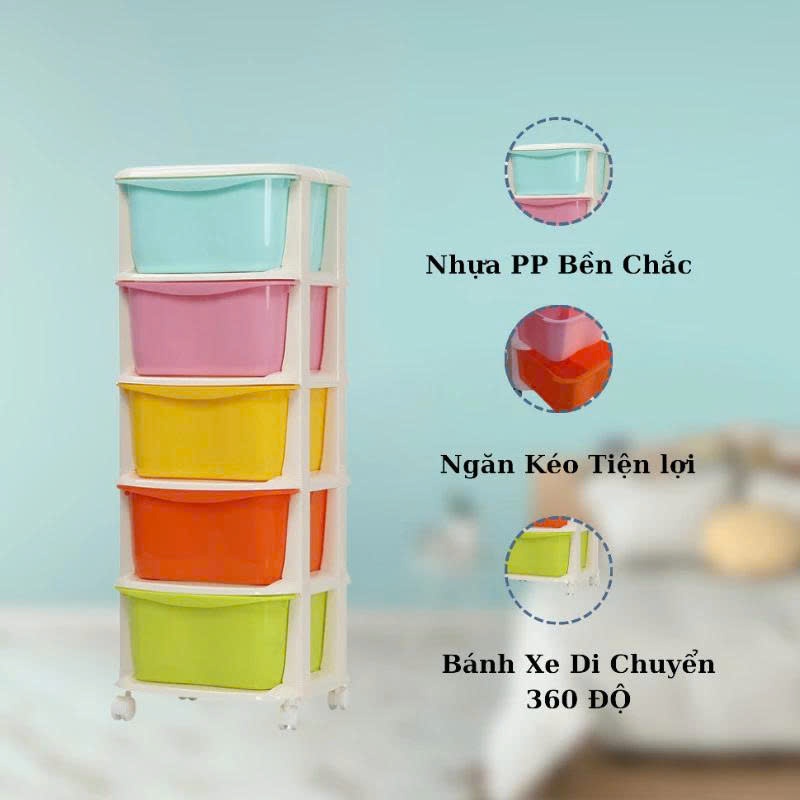 Tủ Nhựa Đựng Quần Áo 5 Tầng Có Bánh Xe, Tủ Đa Sắc 5 Tầng Có Ngăn Kéo, Tủ Đựng Đồ Cho Bé Dễ Lắp Ráp