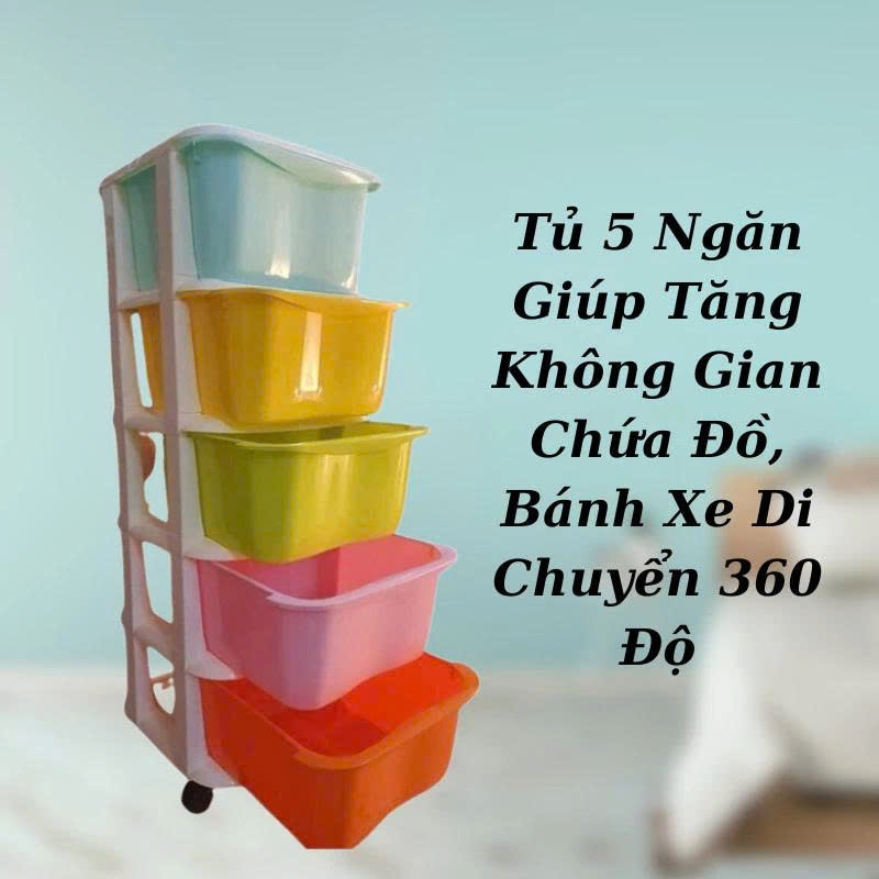 Tủ Nhựa Đựng Quần Áo 5 Tầng Có Bánh Xe, Tủ Đa Sắc 5 Tầng Có Ngăn Kéo, Tủ Đựng Đồ Cho Bé Dễ Lắp Ráp