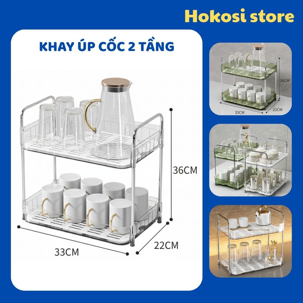 Kệ Úp Cốc 2 Tầng Trong Suốt Cao Cấp, Khay Úp Cốc 2 Tầng Chất Liệu Nhựa Mica Khung Inox