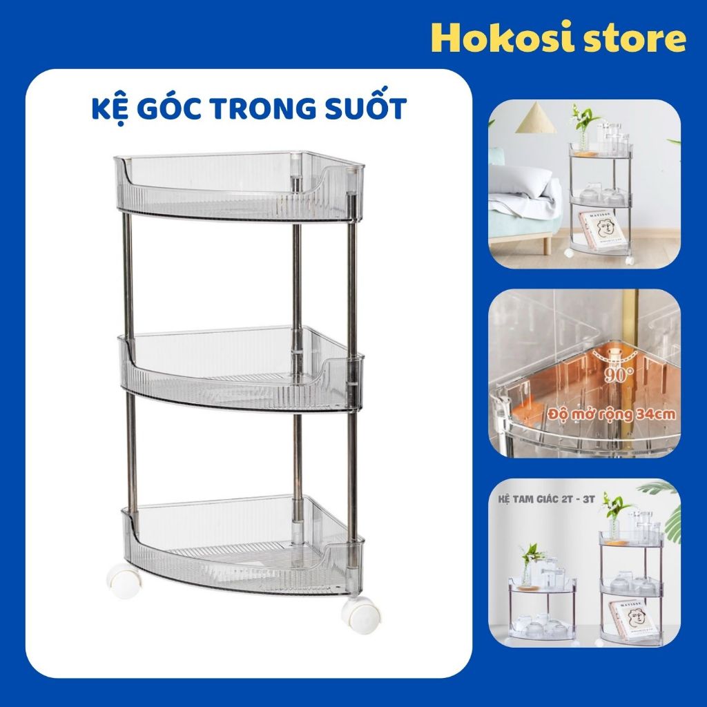 Kệ Góc Tường Trong Suốt Có Bánh Xe Để Đồ Phòng Tắm, Kệ Tam Giác 3 Tầng Đa Năng Trang Trí Nhà Cửa Phòng Ngủ Phòng Bếp