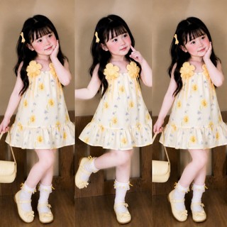 Váy HOA VÀNG thô mềm mát vai dính hoa cho bé gái