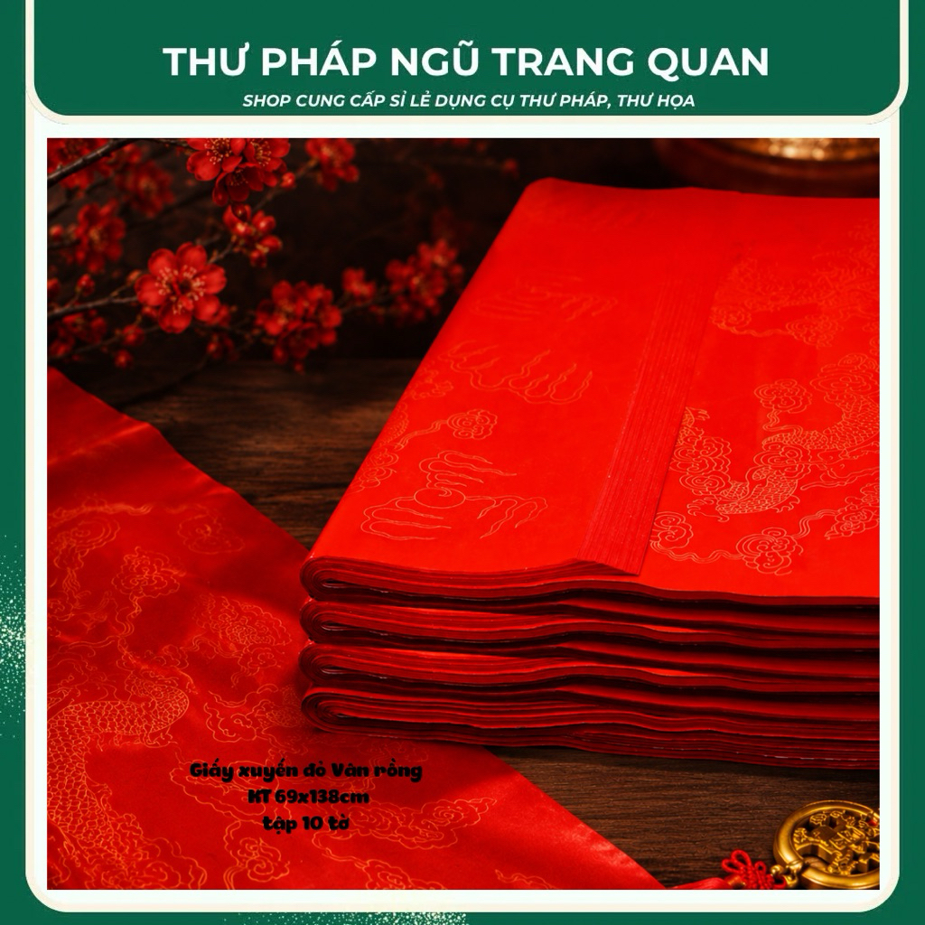 Giấy xuyến đỏ vân rồng 69x138cm, tập 10 tờ, giấy viết thư pháp câu đối tết dày mịn không lem mực