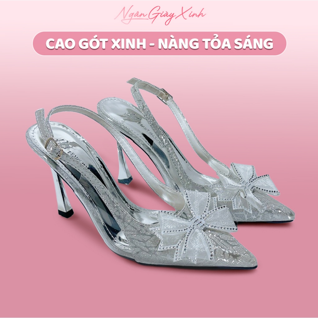 Giày Cao Gót Nữ Kim Tuyến Đính Nơ Xoàn Sang Chảnh 5-7-9cm Giày Đi Tiệc Dự Tiệc