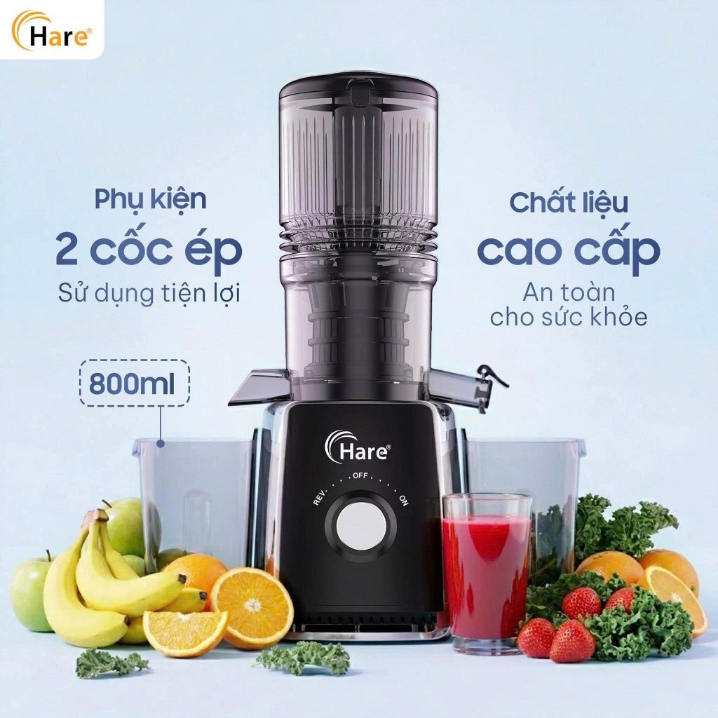 Máy Ép Chậm Hare HR-SJ6388 Công Suất 300W Ép Kiệt Bã 99% Miệng Ép Rộng 12.7cm, Giữ Trọn Hương Vị