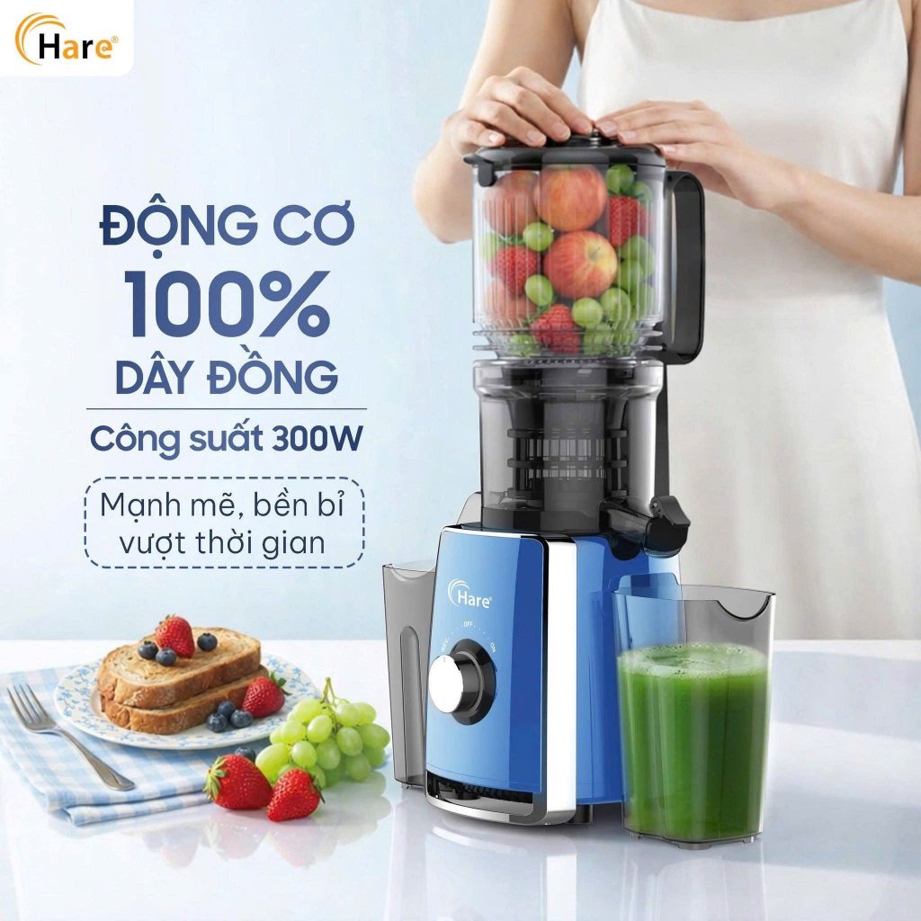 Máy Ép Chậm Hare HR-SJ6388 Công Suất 300W Ép Kiệt Bã 99% Miệng Ép Rộng 12.7cm, Giữ Trọn Hương Vị