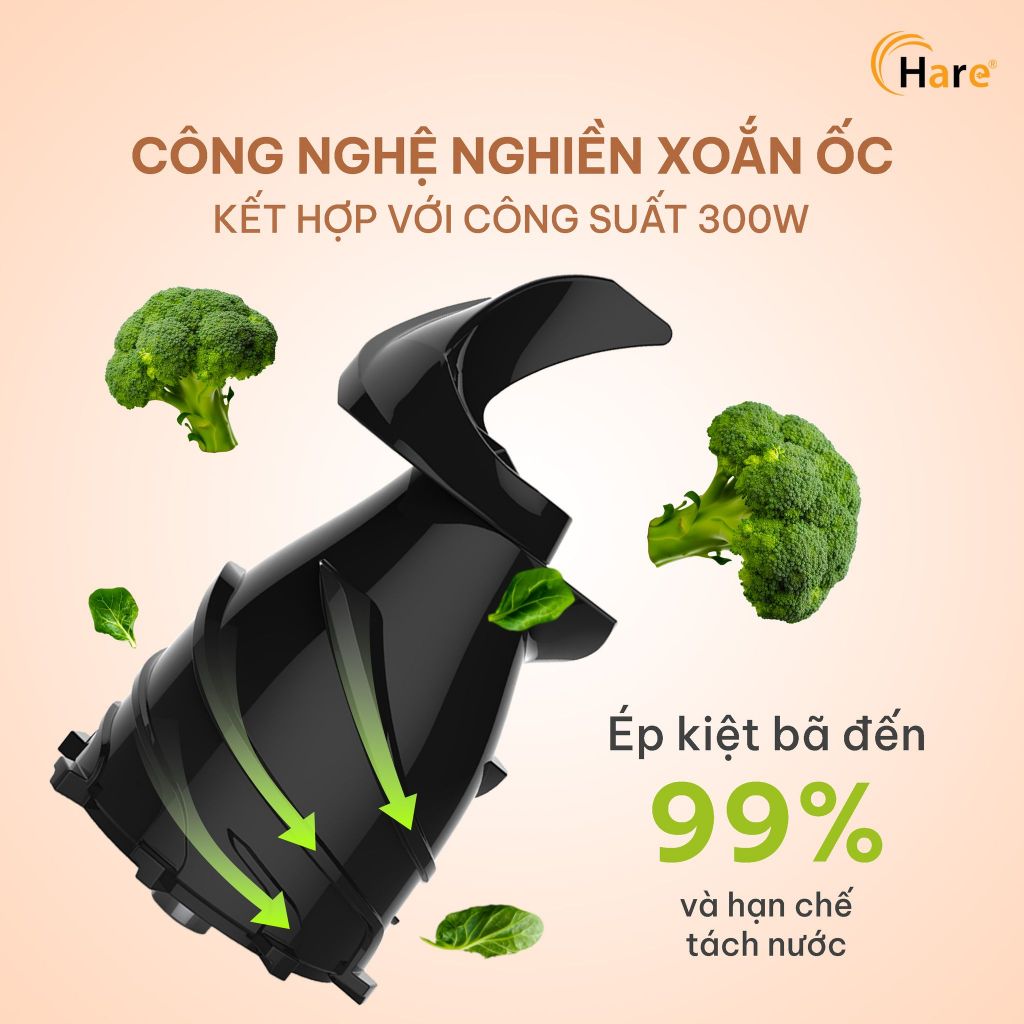 Máy Ép Chậm Hare HR-SJ6388 Công Suất 300W Ép Kiệt Bã 99% Miệng Ép Rộng 12.7cm, Giữ Trọn Hương Vị