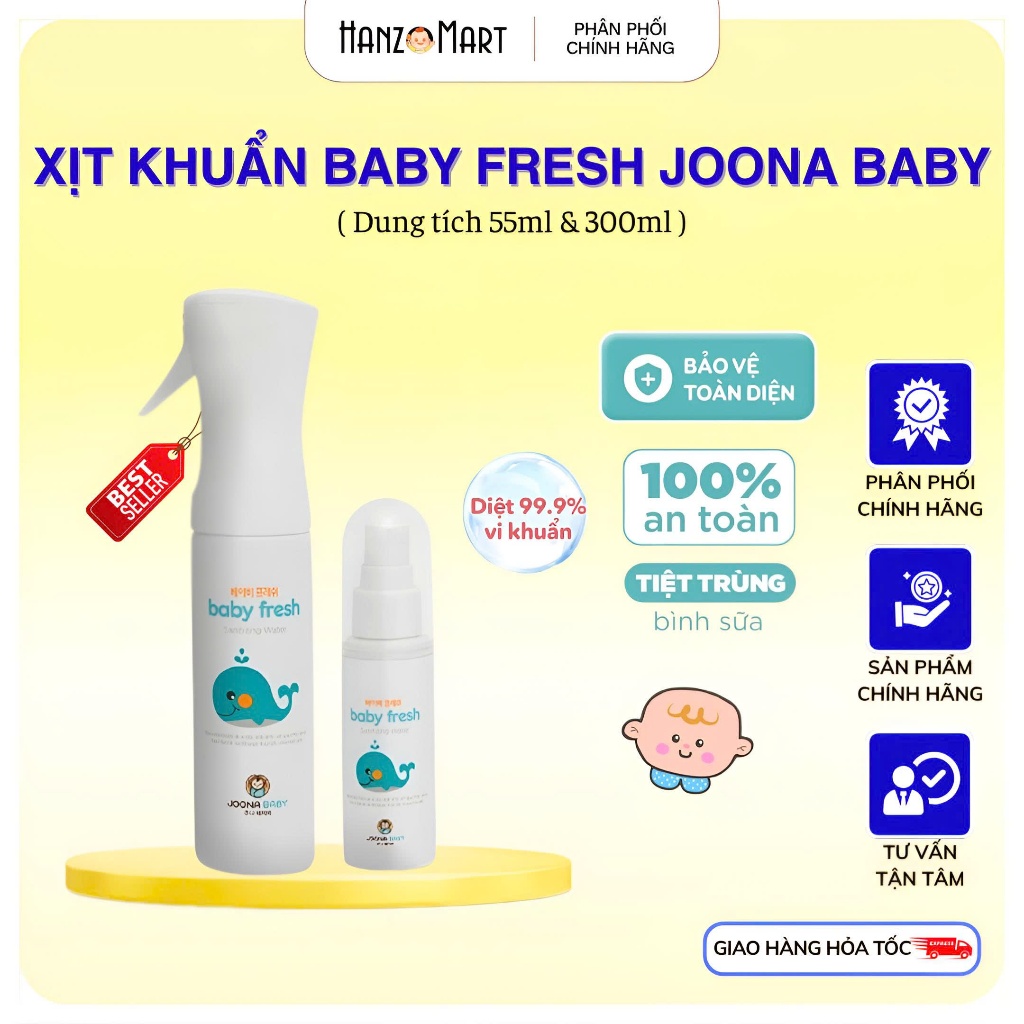 Xịt diệt khuẩn, Tiệt trùng, rửa bình sữa Baby Fresh Joona Baby chai 55ml 300ml