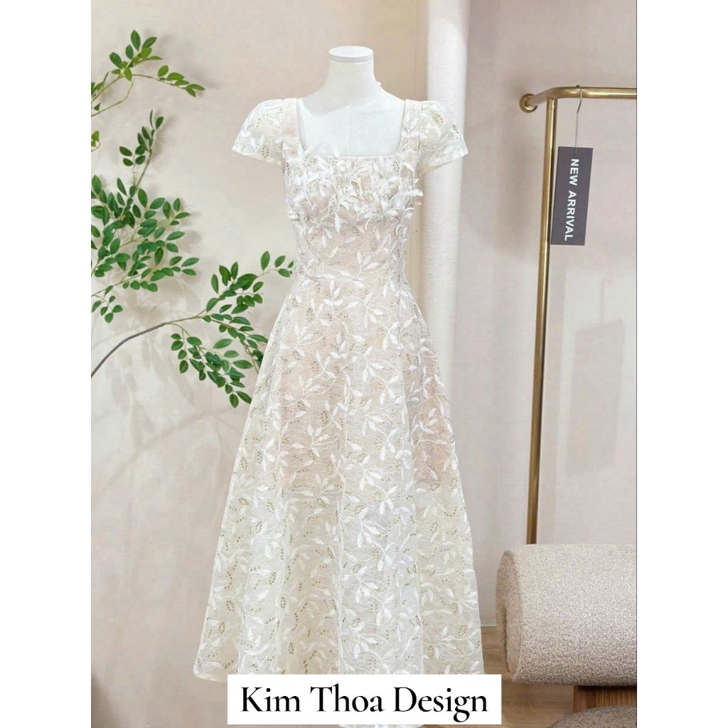 Váy Tiệc Ren Lá 3D Xoè Cổ Vuông Tiểu Thư Sang Chảnh Thiết Kế Cao Cấp Kèm Video Ảnh Thật Feedback Khách - Kim Thoa Design
