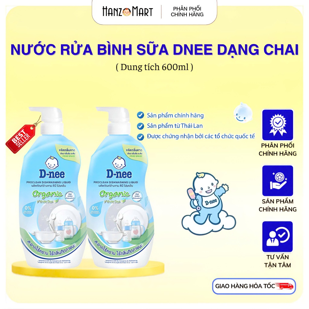 Chai nước rửa bình Dnee organic trà xanh 620ml
