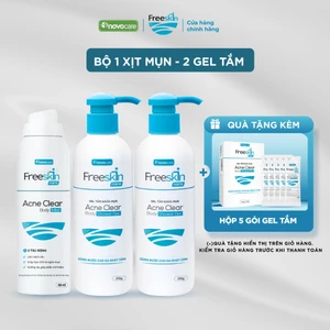Combo 1 Xịt mụn lưng & 2 Gel tắm Freeskin - Novocare hỗ trợ giảm mụn toàn thân, viêm nang lông, mờ thâm, dưỡng sáng da