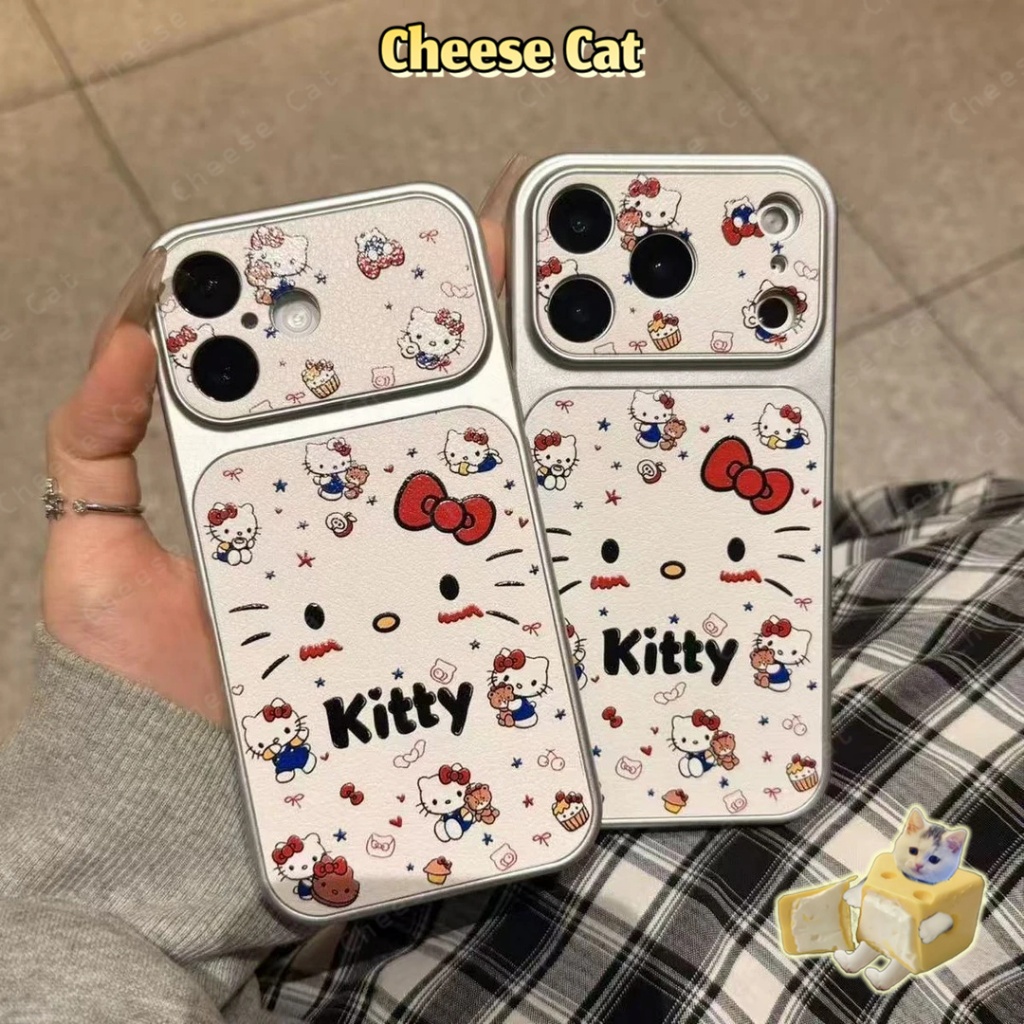 Cửa Sổ Lớn 17 Pro Max Ốp điện thoại iPhone bằng da nơ đỏ Kitty cho iPhone 14 13 16 15 Plus 11 12 Pro Max Xs XR