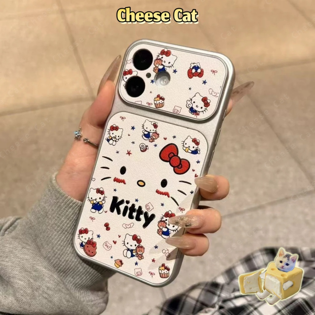 Cửa Sổ Lớn 17 Pro Max Ốp điện thoại iPhone bằng da nơ đỏ Kitty cho iPhone 14 13 16 15 Plus 11 12 Pro Max Xs XR