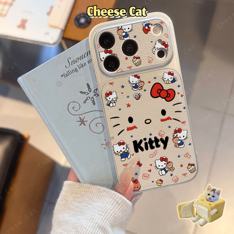 Cửa Sổ Lớn 17 Pro Max Ốp điện thoại iPhone bằng da nơ đỏ Kitty cho iPhone 14 13 16 15 Plus 11 12 Pro Max Xs XR