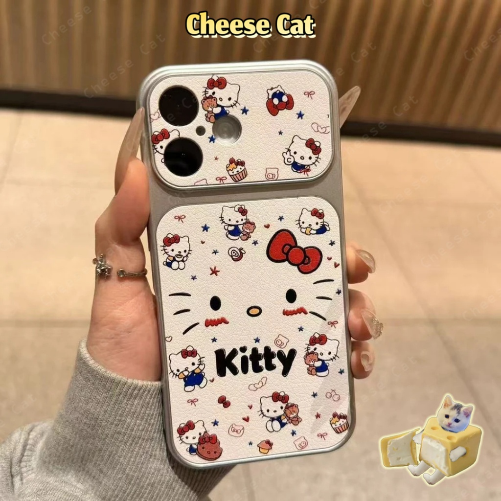 Cửa Sổ Lớn 17 Pro Max Ốp điện thoại iPhone bằng da nơ đỏ Kitty cho iPhone 14 13 16 15 Plus 11 12 Pro Max Xs XR