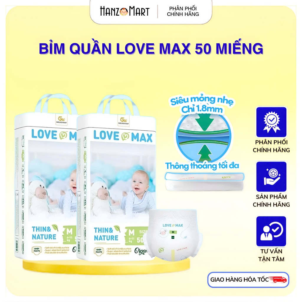 Tã Bỉm Love Max Organic, Bỉm Dán/Quần Mỏng Nhẹ, Siêu Tiết Kiệm, chống hăm cho bé ( 50 miếng)