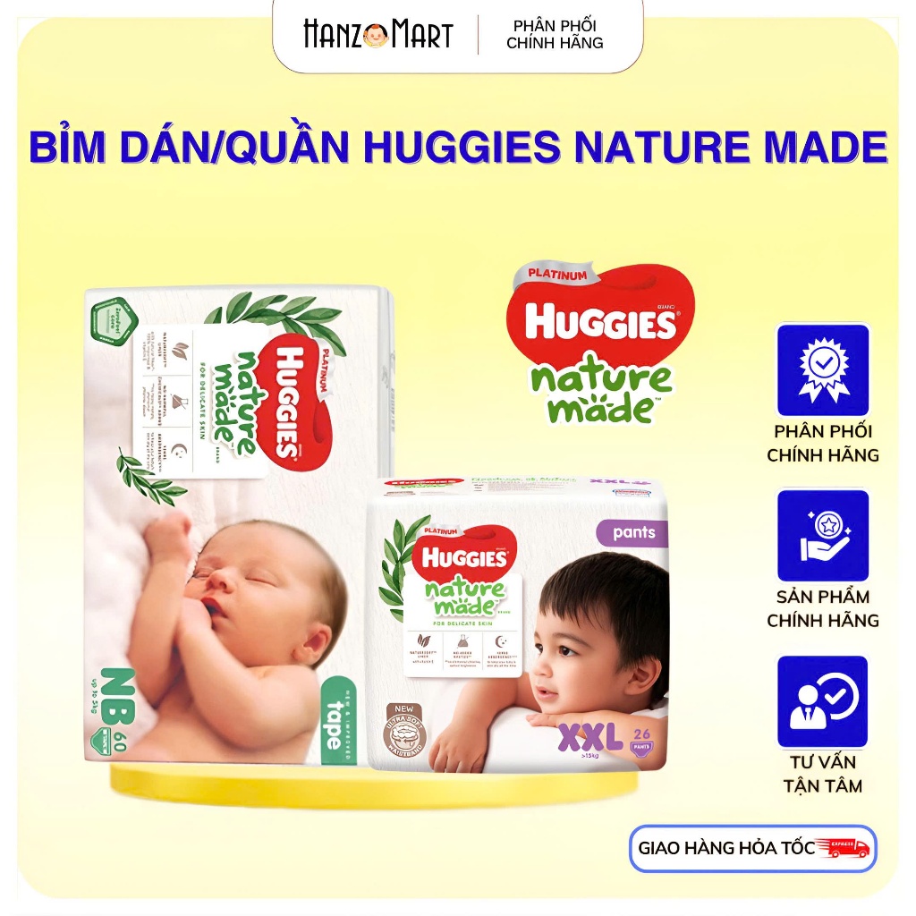 Bỉm Huggies Platinum Nature Made Size NB60/S82/M64/L54/XL44/XXL36
