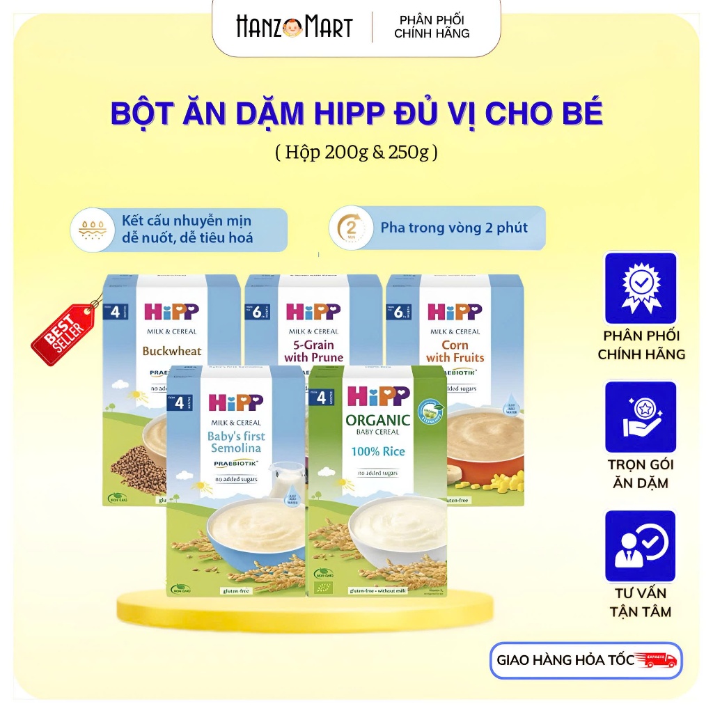 Bột ăn dặm Hipp bột ngũ cốc ăn dặm cho trẻ từ 4m+ đến 36m hanzomart