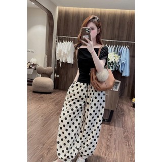 MIMI CLOTHING - Set áo đen lệch vai phối quần chấm bi form rộng phong cách