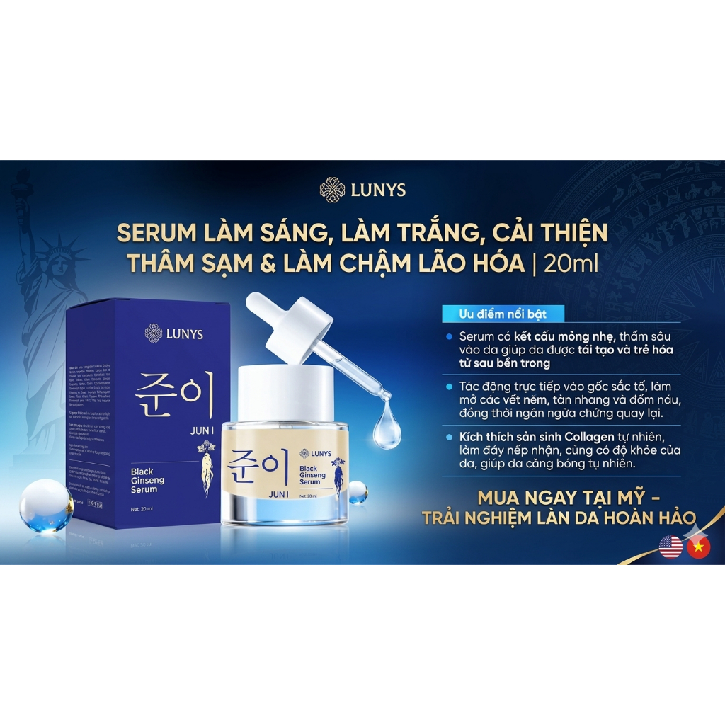 Serum Dưỡng Trắng Trẻ Hóa Da LUNYS Black Ginseng Serum 20ml Mờ Thâm Nám, Trắng Sáng, Chống Lão Hóa