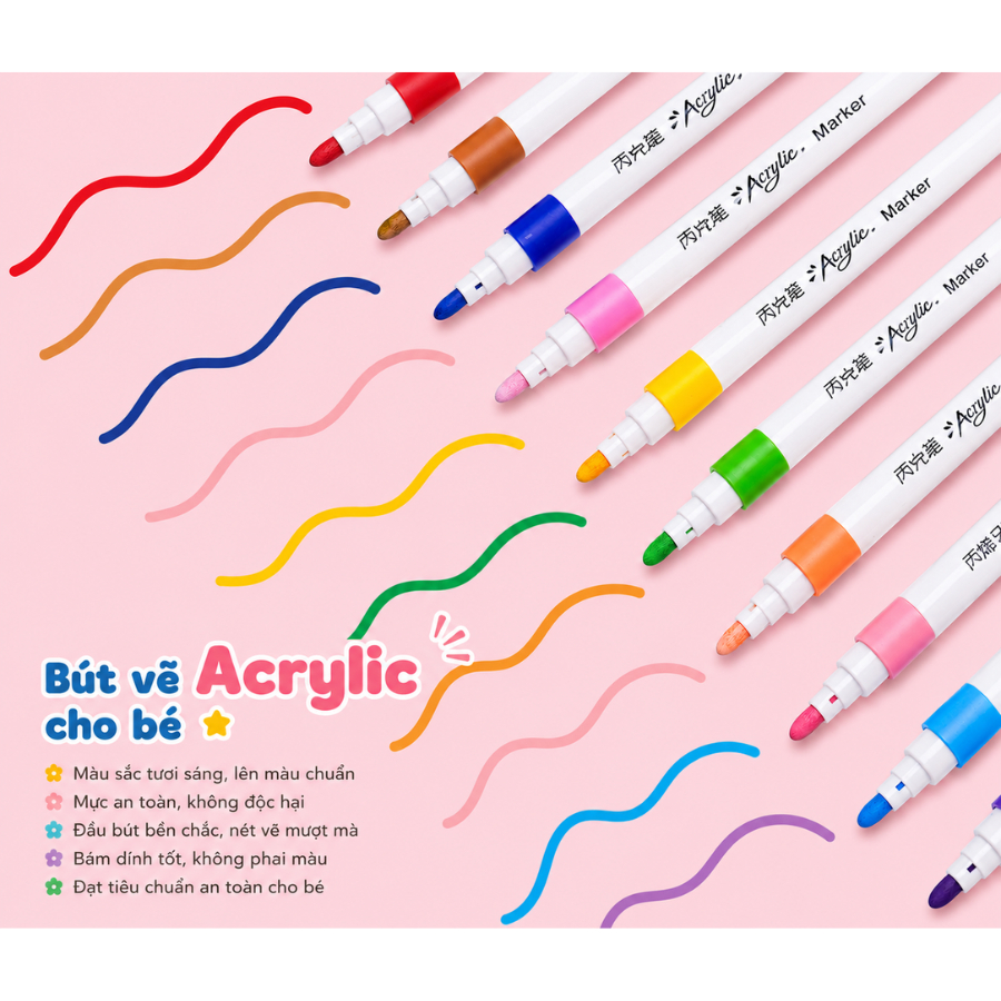 Bút Vẽ Acrylic Cho Bé 12/24/36 Màu – Bút Marker Vẽ Tranh DIY Nhanh Khô An Toàn Cho Bé