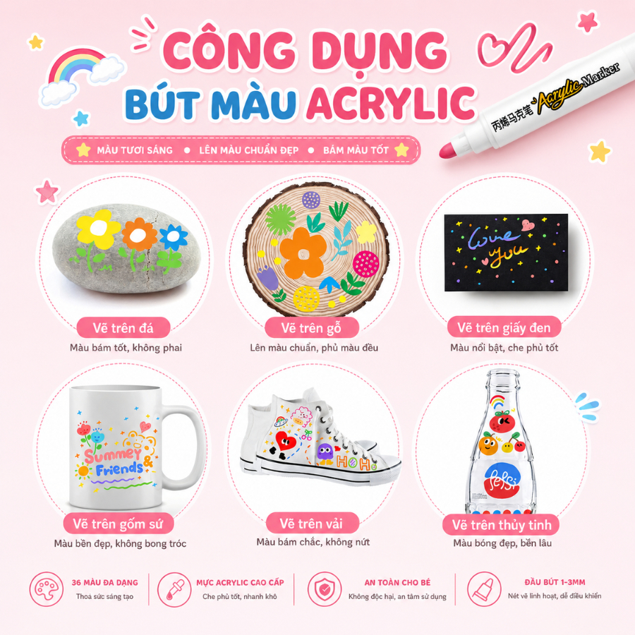 Bút Vẽ Acrylic Cho Bé 12/24/36 Màu – Bút Marker Vẽ Tranh DIY Nhanh Khô An Toàn Cho Bé