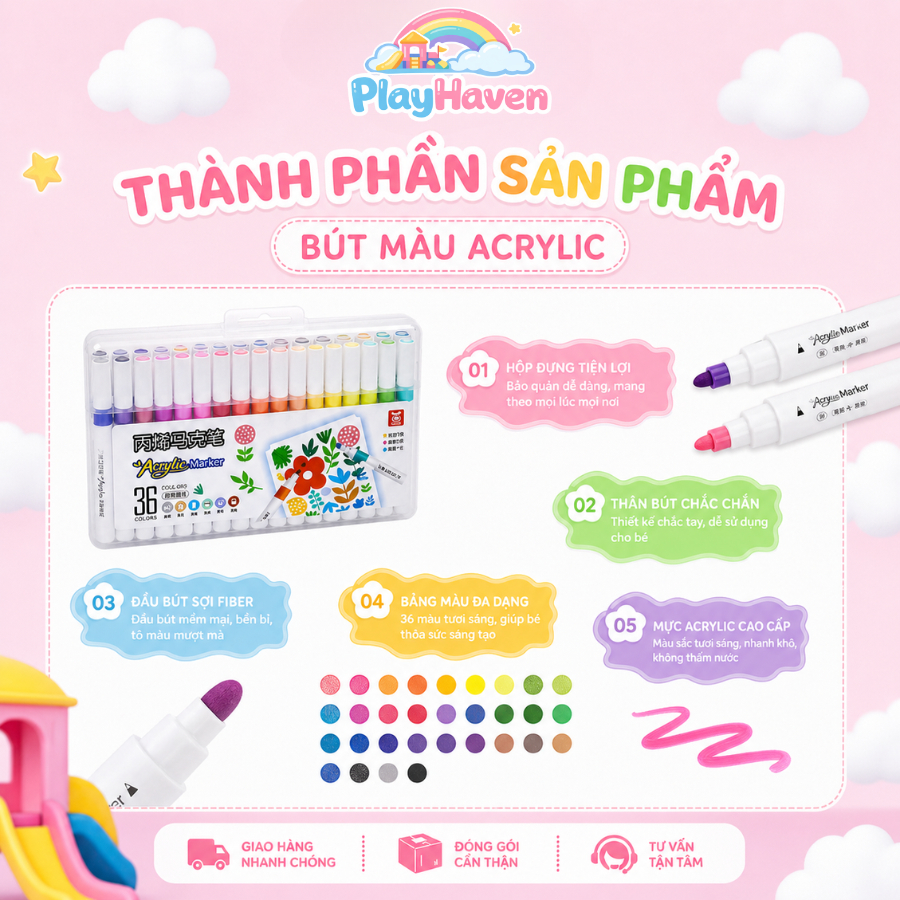 Bút Vẽ Acrylic Cho Bé 12/24/36 Màu – Bút Marker Vẽ Tranh DIY Nhanh Khô An Toàn Cho Bé