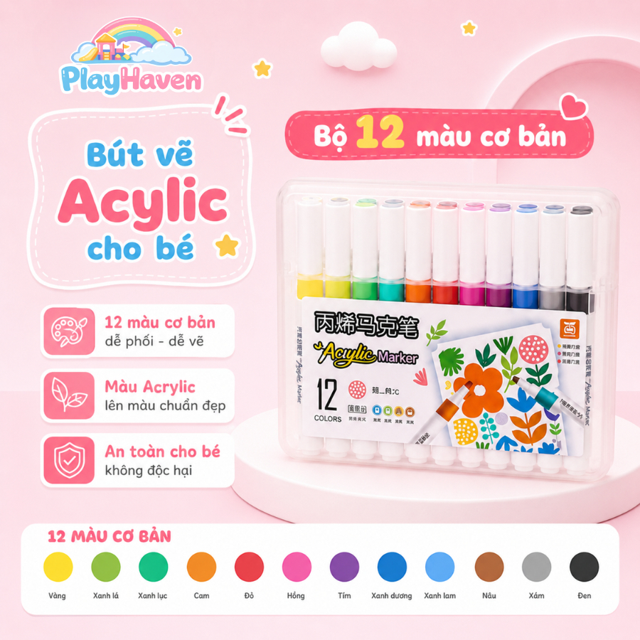 Bút Vẽ Acrylic Cho Bé 12/24/36 Màu – Bút Marker Vẽ Tranh DIY Nhanh Khô An Toàn Cho Bé