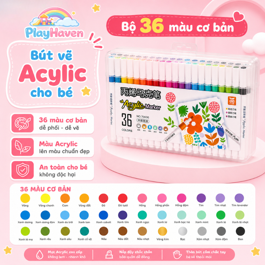 Bút Vẽ Acrylic Cho Bé 12/24/36 Màu – Bút Marker Vẽ Tranh DIY Nhanh Khô An Toàn Cho Bé