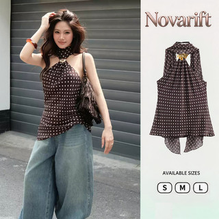 Nova-Áo Kiểu Nữ Chấm Bi Nâu Cổ Yếm Phối Tag Cài Nữ Tính Nhẹ Nhàng Thanh Lịch Sang Chảnh