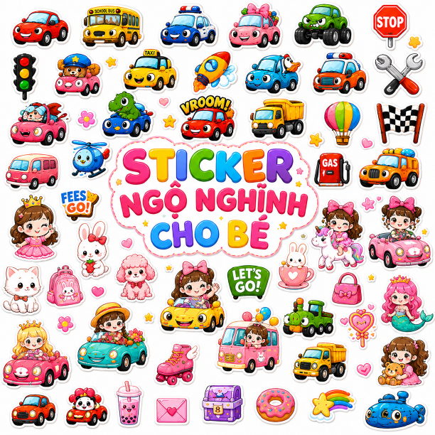 Set 50 loại to hình sticker ngộ nghĩnh oto cho bé Sticker cute trang trí xe, điện thoại, laptop