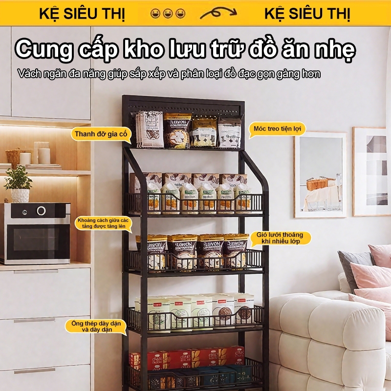 Kệ để hàng tạp hoá có bánh xe Kệ siêu thị 5 tầng Kệ sắt đựng đồ ăn vặt Khả