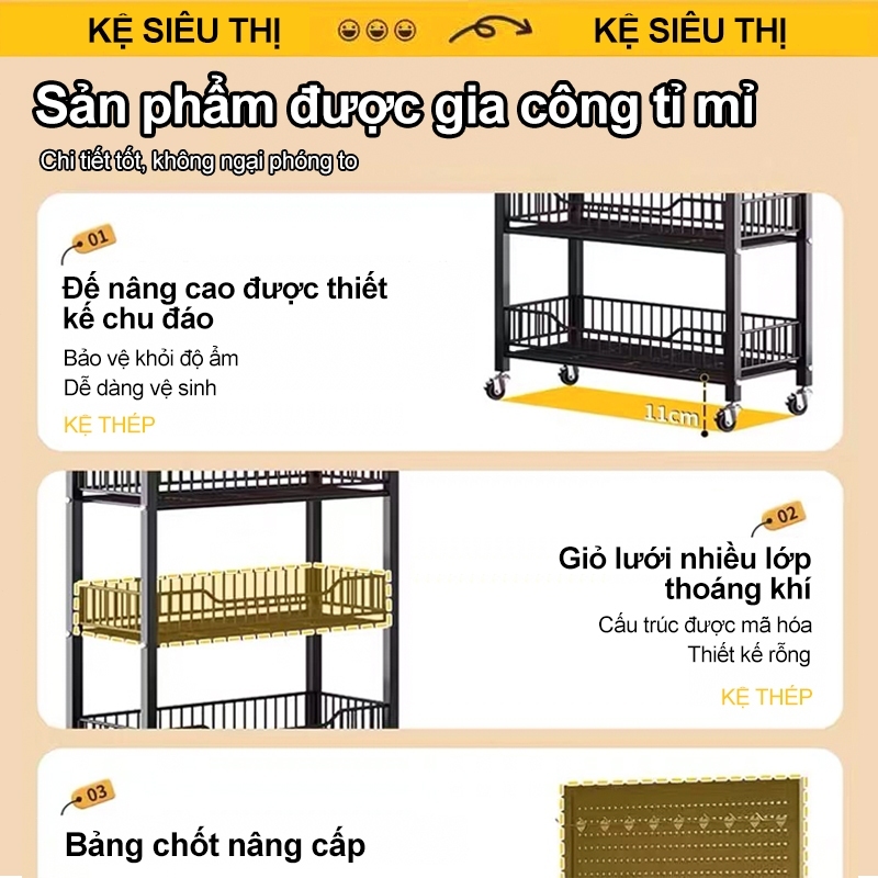 Kệ để hàng tạp hoá có bánh xe Kệ siêu thị 5 tầng Kệ sắt đựng đồ ăn vặt Khả