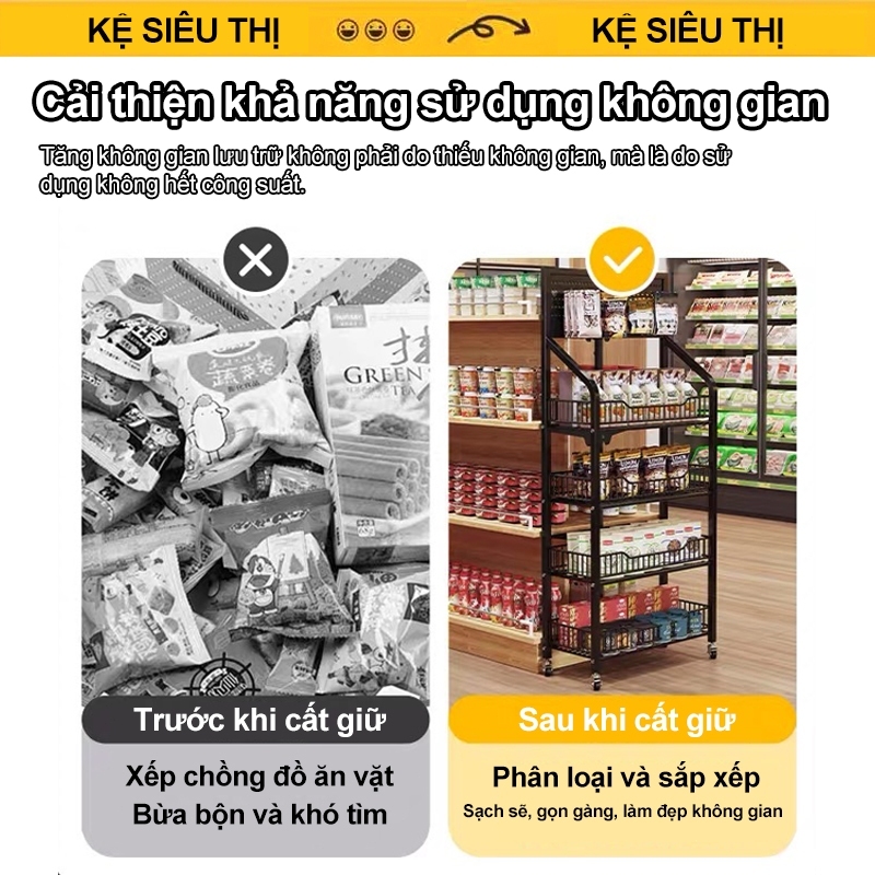 Kệ để hàng tạp hoá có bánh xe Kệ siêu thị 5 tầng Kệ sắt đựng đồ ăn vặt Khả