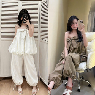 [S2.4340] Set Áo Quây Nơ Dáng Bí Phồng Mix Quần Bom Bo Ống 2 Màu