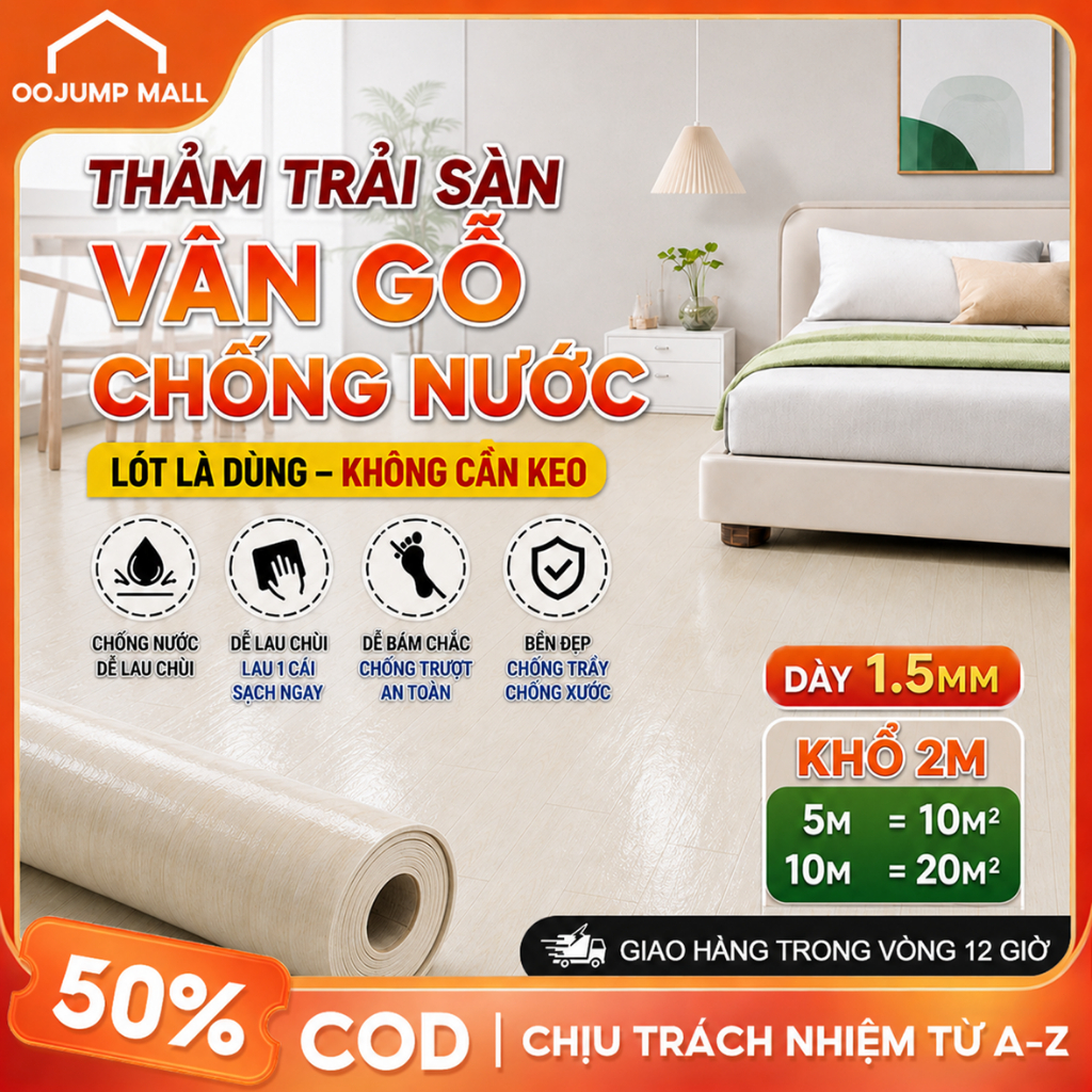 Thảm trải lót sàn simili vân gỗ chống nước dày 1.5mm, khổ 2m cắt theo mét (5m/10m), dễ cắt DIY, dễ lau chùi