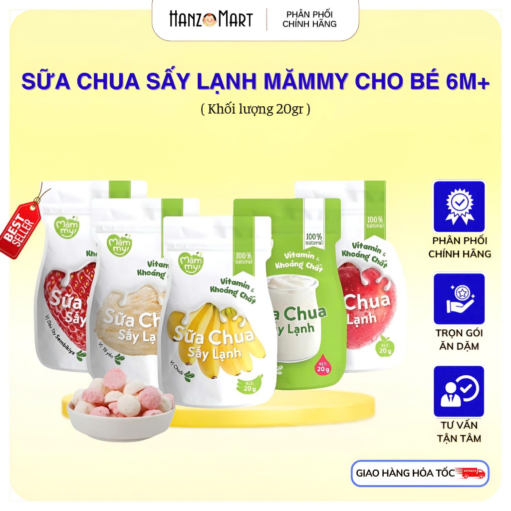 Sữa chua khô sấy lạnh Mămmy 5 vị:Tổ yến,Táo,Dâu,Chuối và Nguyên bản,bổ sung vitamin bé từ 6 tháng tuổi