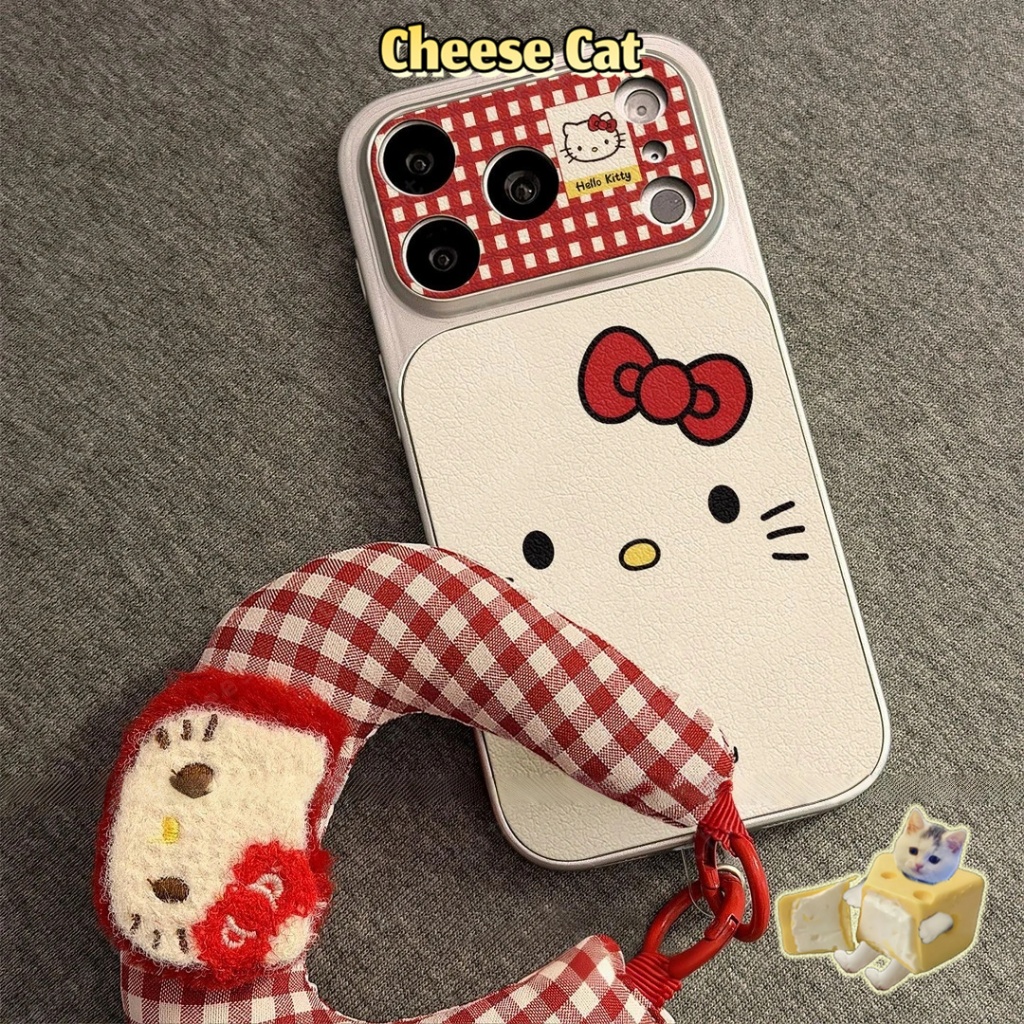 Cửa Sổ Lớn 17 PM Ốp điện thoại iPhone bằng da họa tiết kẻ sọc đỏ Retro Kitty cho iPhone 14 13 16 15 Plus 11 12 Pro Max