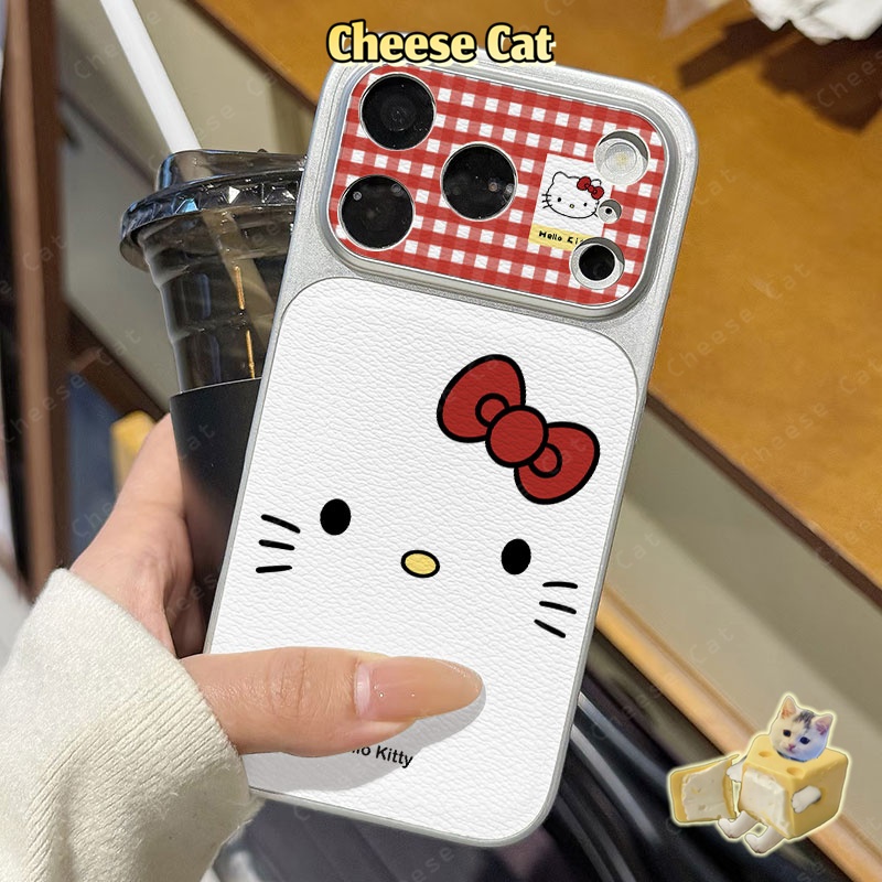 Cửa Sổ Lớn 17 PM Ốp điện thoại iPhone bằng da họa tiết kẻ sọc đỏ Retro Kitty cho iPhone 14 13 16 15 Plus 11 12 Pro Max