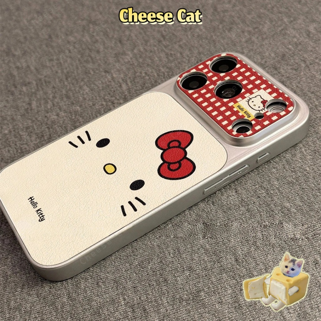 Cửa Sổ Lớn 17 PM Ốp điện thoại iPhone bằng da họa tiết kẻ sọc đỏ Retro Kitty cho iPhone 14 13 16 15 Plus 11 12 Pro Max