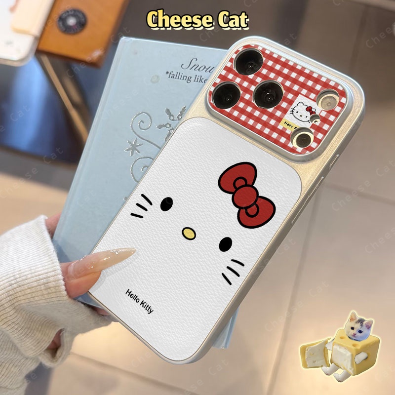 Cửa Sổ Lớn 17 PM Ốp điện thoại iPhone bằng da họa tiết kẻ sọc đỏ Retro Kitty cho iPhone 14 13 16 15 Plus 11 12 Pro Max