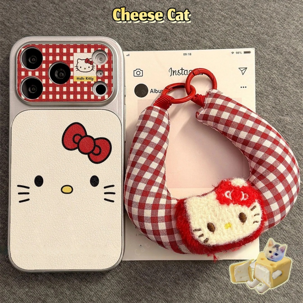 Cửa Sổ Lớn 17 PM Ốp điện thoại iPhone bằng da họa tiết kẻ sọc đỏ Retro Kitty cho iPhone 14 13 16 15 Plus 11 12 Pro Max