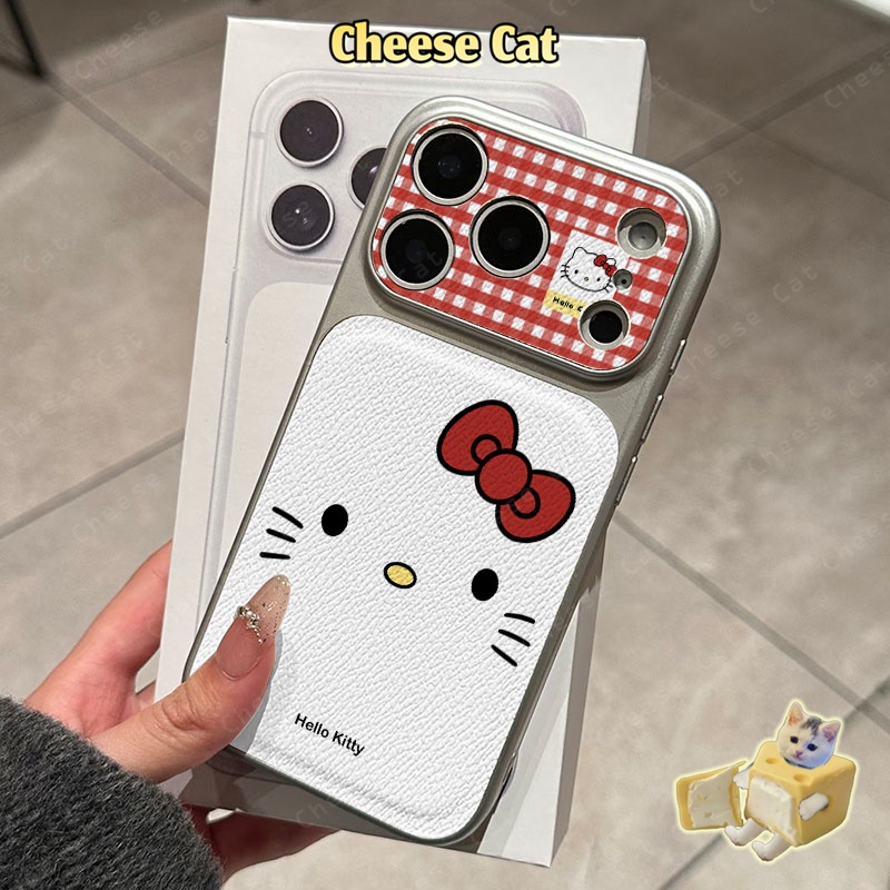 Cửa Sổ Lớn 17 PM Ốp điện thoại iPhone bằng da họa tiết kẻ sọc đỏ Retro Kitty cho iPhone 14 13 16 15 Plus 11 12 Pro Max