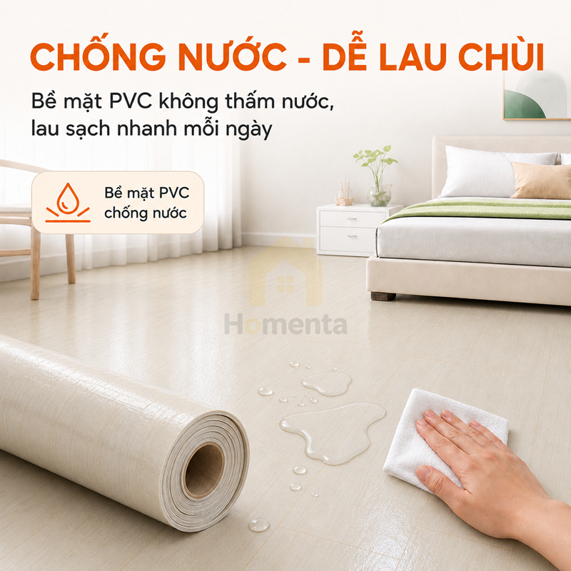Thảm trải lót sàn simili vân gỗ chống nước dày 1.5mm, khổ 2m cắt theo mét (5m/10m), dễ cắt DIY, dễ lau chùi