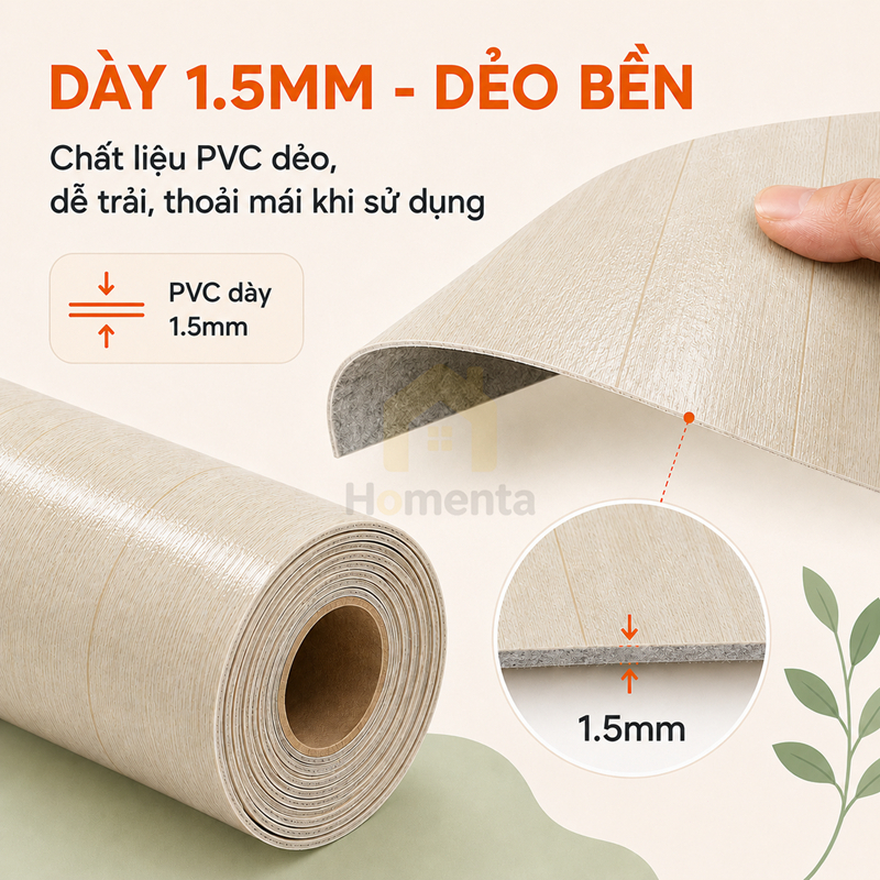Thảm trải lót sàn simili vân gỗ chống nước dày 1.5mm, khổ 2m cắt theo mét (5m/10m), dễ cắt DIY, dễ lau chùi