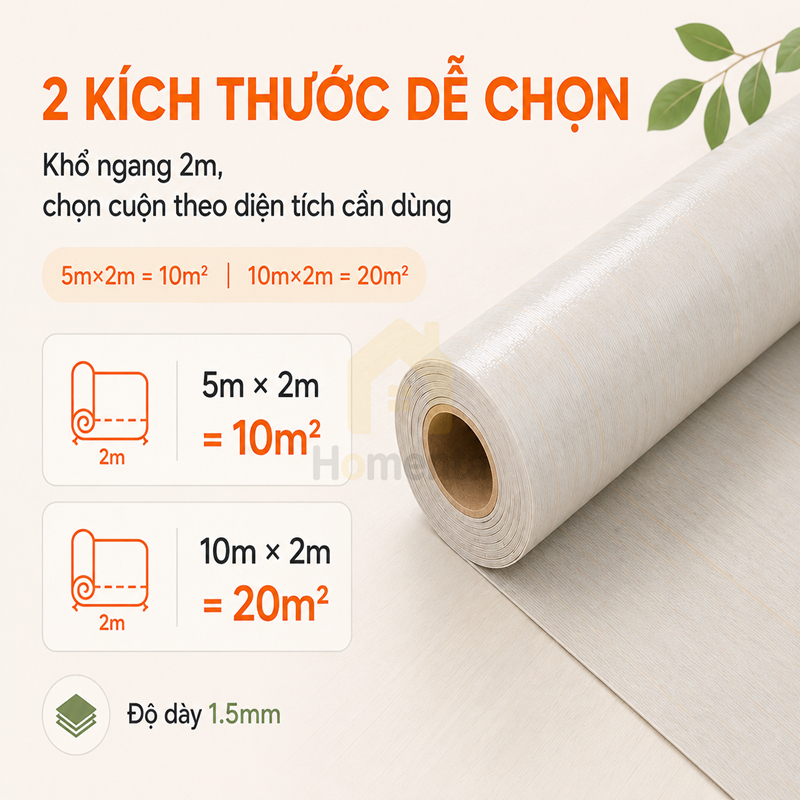 Thảm trải lót sàn simili vân gỗ chống nước dày 1.5mm, khổ 2m cắt theo mét (5m/10m), dễ cắt DIY, dễ lau chùi