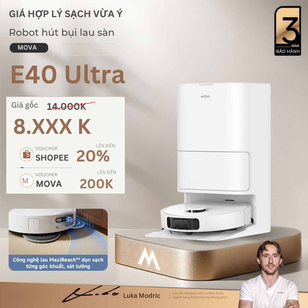 Robot Hút Bụi Lau Nhà Mova E40 Ultra | Lực hút 19.000Pa| xòe giẻ 4cm làm sạch sát cạnh | BH 36 tháng