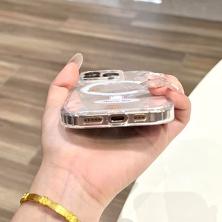 Ốp MagSafe trong suốt họa tiết gấu và nơ cho iPhone 12/11, có đế đứng tiện lợi, chống va đập, bảo vệ toàn diện