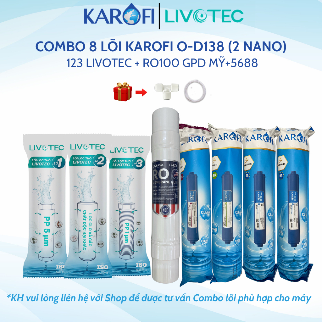 Combo 8 Lõi Lọc Nước Karofi Cho Máy O-D138 Gồm Lõi 123 Livotec - Màng RO Mỹ 100GPD - Lõi Chức Năng T33 Mineral 2Nano