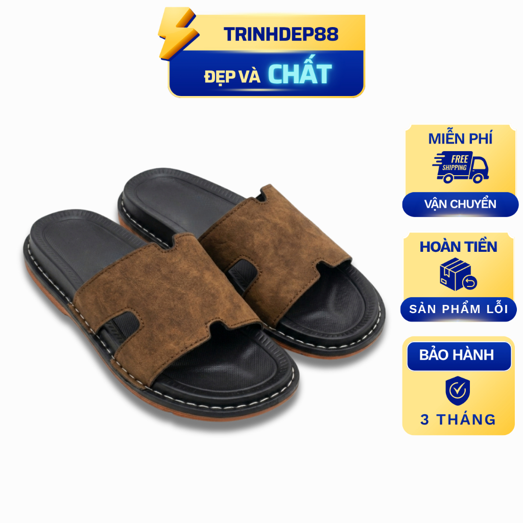 Dép Nam, Dép Da Chữ H Quai Ngang Cao Cấp, Đế Cao Su Khâu Thủ Công Chống Trơn Êm Châ,n Thời Trang, Size 38-44