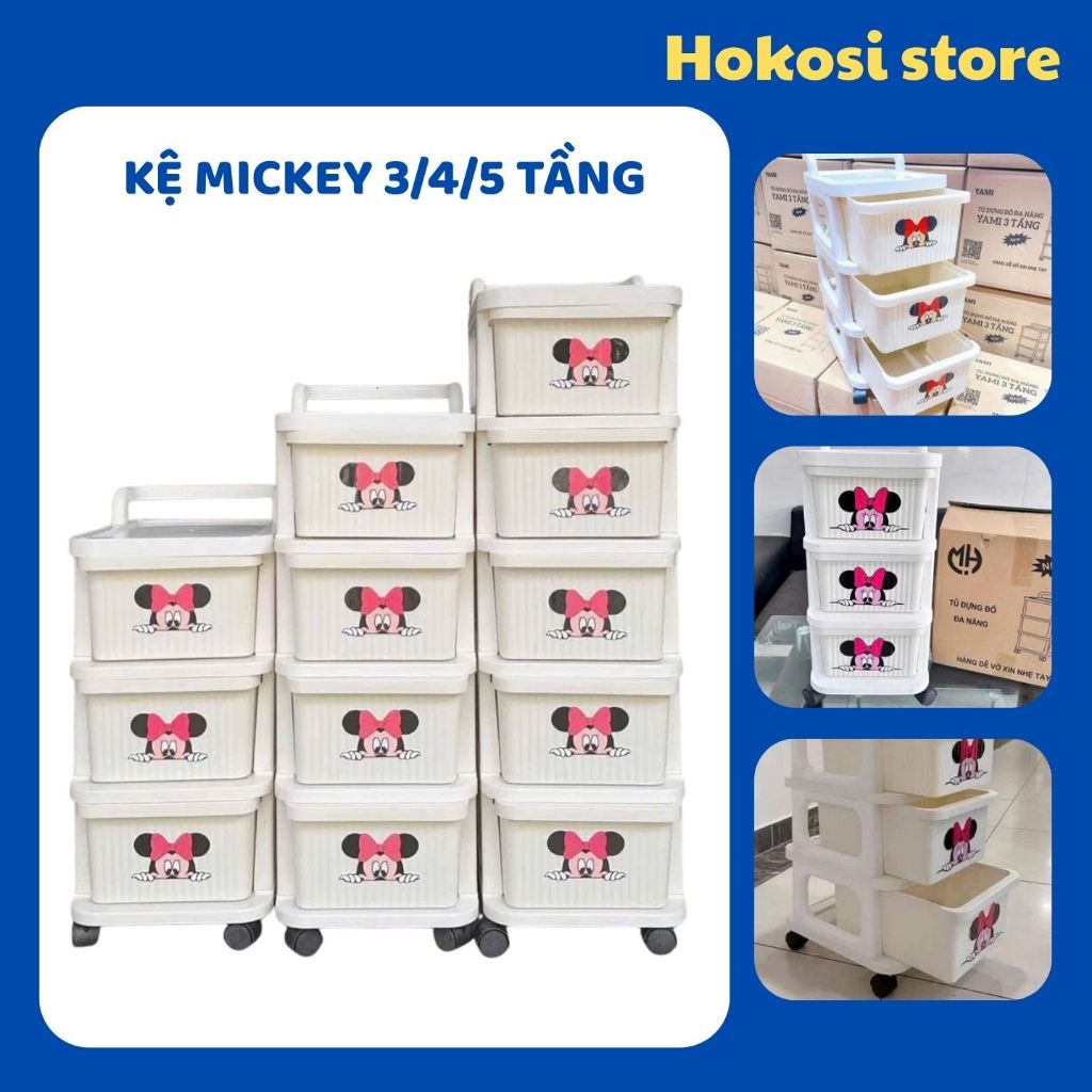 Tủ Nhựa Mickey Đựng Đồ Cho Bé 5 Tầng Đa Năng Có Bánh Xe, Kệ Bỉm Sữa Đựng Quần Áo, Nhựa Cao Cấp